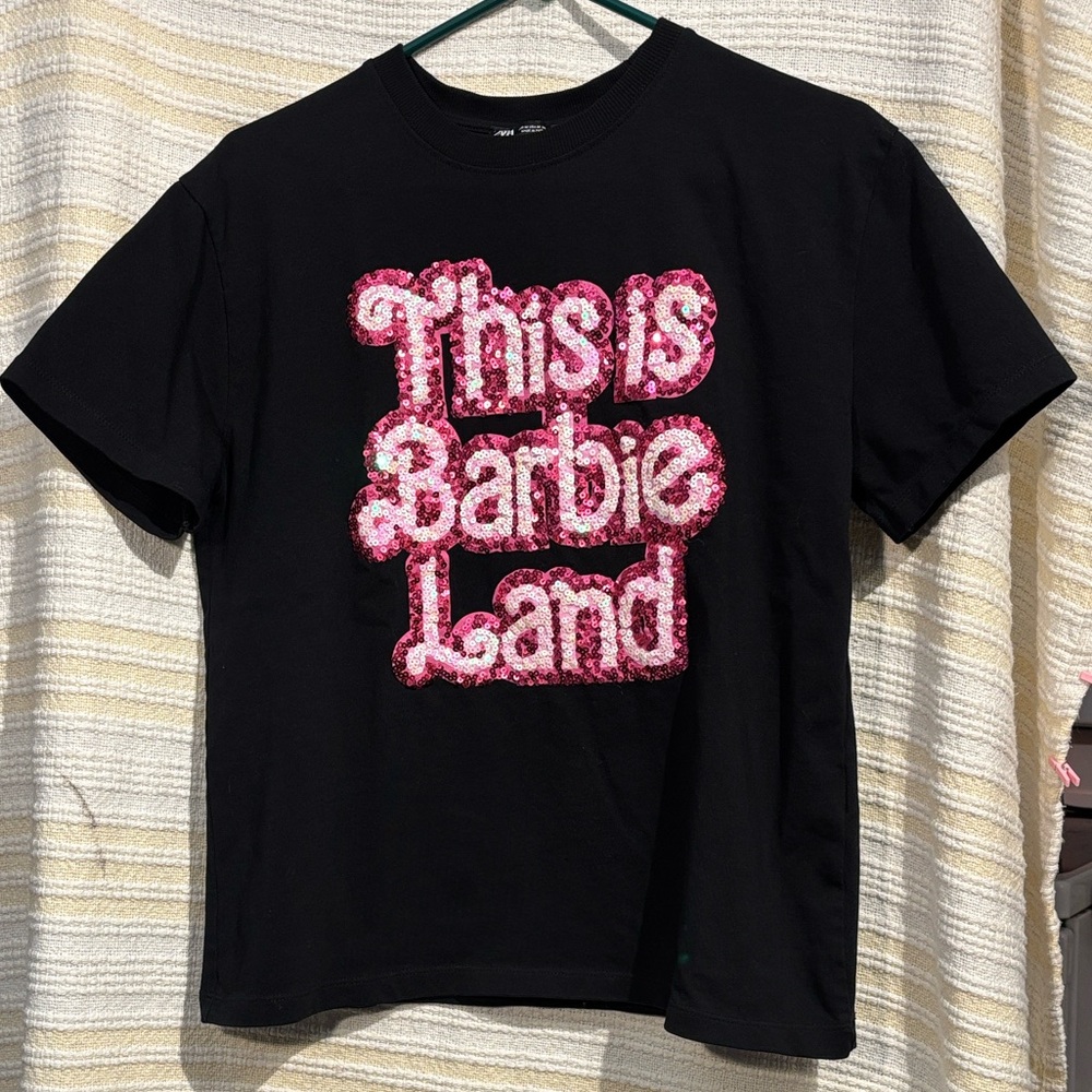 Zara “This Is Barbie Land” Sequin Graphic Tee – Black – Size M-NWOT